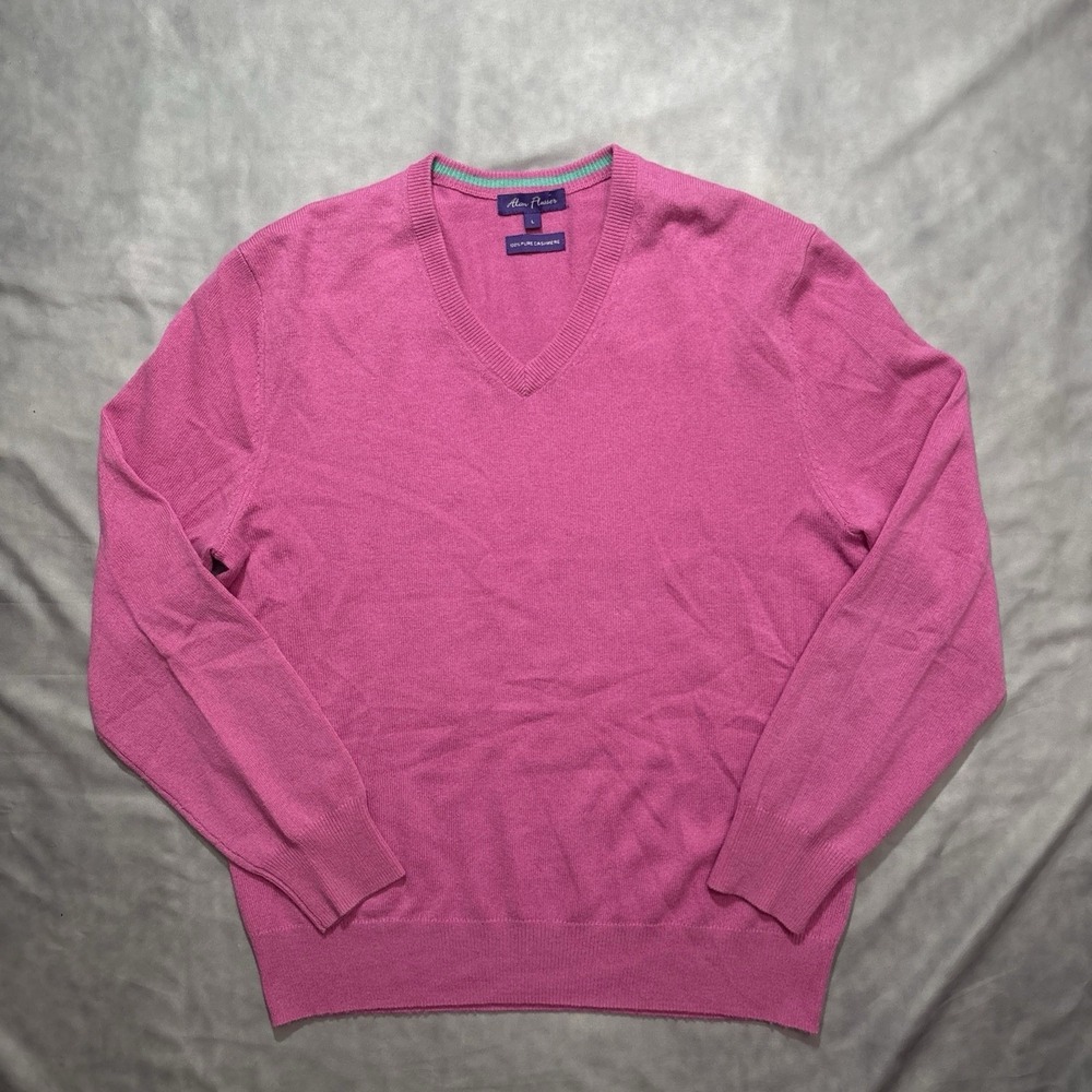 Alan Flusser Mens Pure 100% Cashmere Sweater Size Large Pink V-neck Soft Preppy